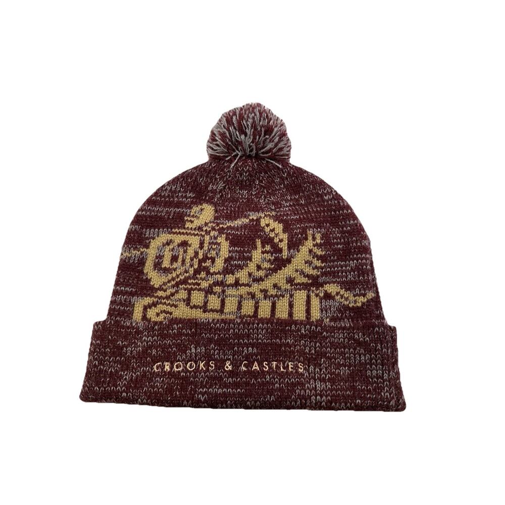 Crooks & Castles Knit Beanie Hat Maroon Gold Pom Pom Streetwear OS